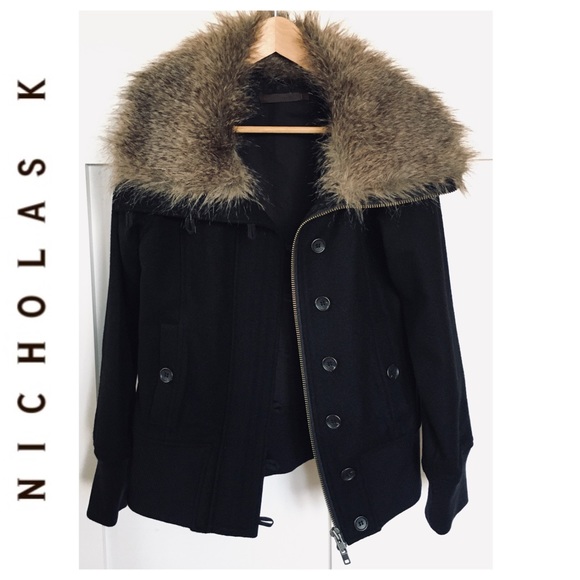 Nicholas K Jackets & Blazers - NICHOLAS K // black wool storm jacket fur collar M